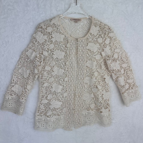 Nymphaea Alba Sweaters - Nymphaea Alba Lace Cardigan Cream Floral Open Front 3/4 Sleeve Size M‎ / 42